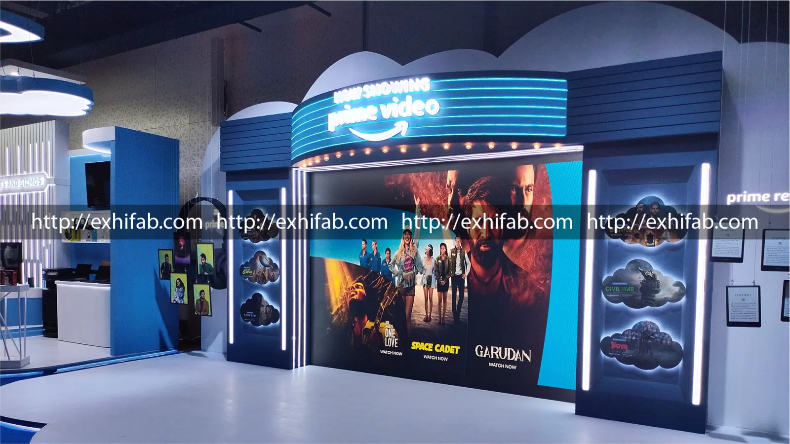Brand experience zone designed for Amazon Prime Video with interactive displays